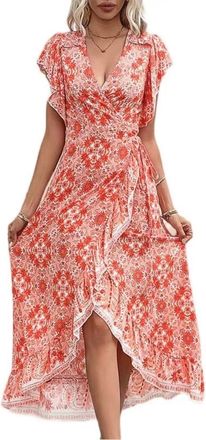 Generic Women Summer Short Sleeve Dress V-Neck High Waist Casual Floral Print Beach Dress (UK, Alpha, M, Regular, Regular, Orange)