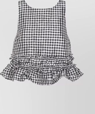 Ganni sleeveless checkered ruffle bow tie top