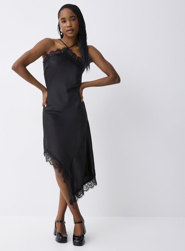 Asymmetrical black satin lace slip dress