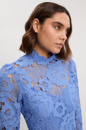 Karen Millen Womens Guipure Lace High Neck Woven Mini Dress - Pale Blue - Size 14 UK
