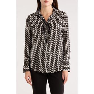 Max Studio Satin Tie Neck Button-Up Shirt in Bkbgshtp-Black/Beige Shadow at Nordstrom Rack, Size Medium