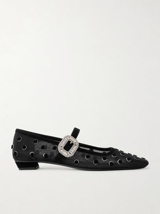 Roger Vivier Ballerine Mary Jane In Mesh Floccato Con Cristalli Belle Vivier 25 - Nero