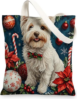 Generic Christmas Westie Dog Canvas Tote Bag for Shopping 13x15, Xmas Candy Poinsettia Puppy Reusable Grocery Print Bag for Women Men, Holiday Pet Aesthetic P