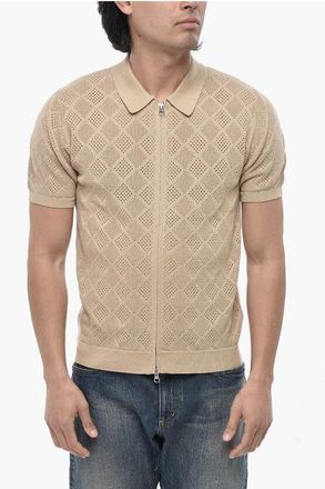 Beams Plus Openwork Cotton Short-Sleeve Polo-Collar Top size S