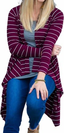 Hawthorne Stripe Ribbed Cascade Cardigan In Maroon & White