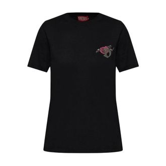 Diesel Tops, Dames, Zwart, M, Katoen, T-Reg-S1 Logo Rose Graphic T-Shirt