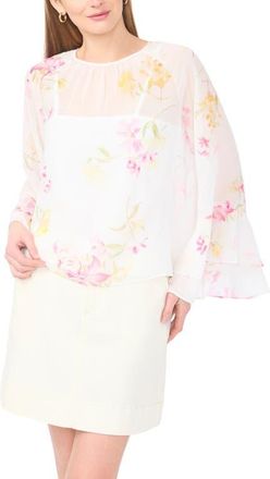 Vince Camuto Floral Flutter Sleeve Top in Lemon Cream at Nordstrom, Size X-Small P