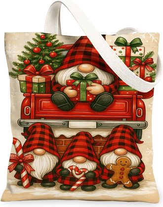 Generic Christmas Gnome Canvas Tote Bags, Holiday Plaid Reusable Grocery Bags, Winter Lightweight Washable Shoulder Strap Canvas Fo, Red, 13x15 Inch