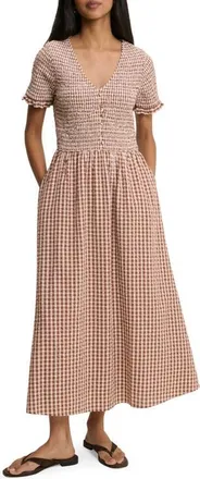 Nobody's Child Eliza Smocked Gingham Maxi Dress in Brown at Nordstrom, Size 14