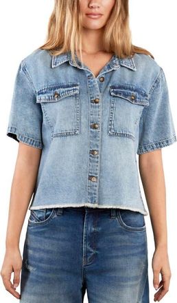 HINT OF BLU Emily Frayed Short Sleeve Denim Button-Up Shirt in Relaxed Blue at Nordstrom, Size X-Small