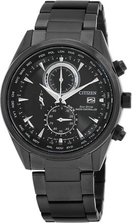 Citizen Perpetual Alarm World Time Chronograph GMT Black Dial Mens Watch AT8265-81E