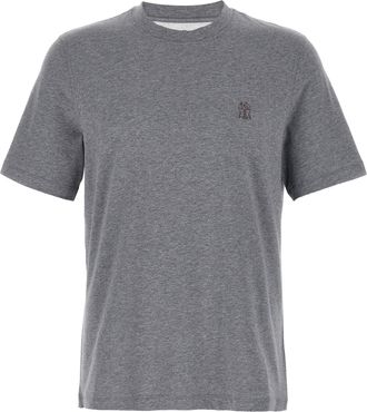 Brunello Cucinelli Logo Print T Shirt Grigio-Uomo