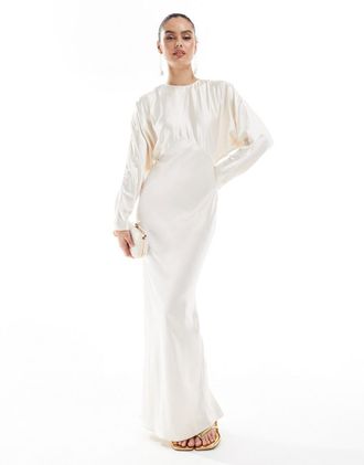 Asos satin batwing maxi dress in oyster-White