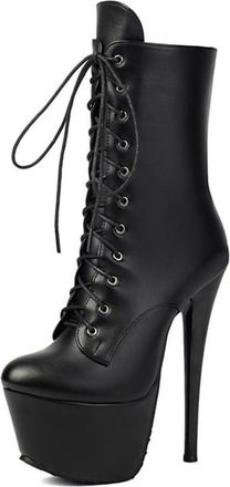 Generic Womens Stiletto High Heel Short Boots Lace Up Punk Booties with Side Zipper Patent Leather Platform Ankle Boots for Night Out & Catwalk,Matte Black,4.