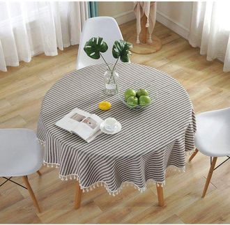 OEM Mantel Redondo Antimanchas De Algod&oacute;n Y Lino, Lavable, Con Borlas, Textura De Lino, Fiestas, Jardines, Etc, 150 Cm De Di&aacute;metro, Rayas Azules