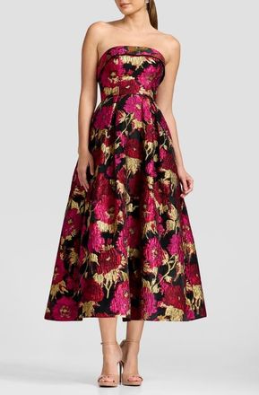 Dress The Population Mika Strapless Metallic Brocade Cocktail Dress in Fuchsia Multi at Nordstrom, Size Xx-Large