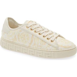 Versace Barocco Jacquard Greca Low Top Sneaker in Washed Gold/Off White at Nordstrom, Size 6.5Us