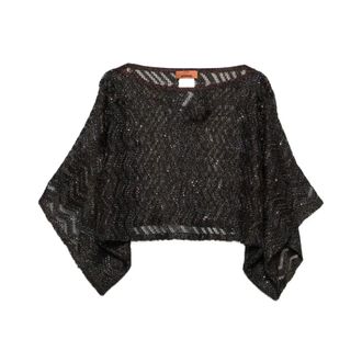 Missoni Round-neck Knitwear, female, Brown, Size: S Zigzag Mesh Top with Sequins and Wide Sleeves