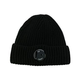 C.P. Company Beanies, male, Black, Size: ONE SIZE Merino Wool Lens Beanie