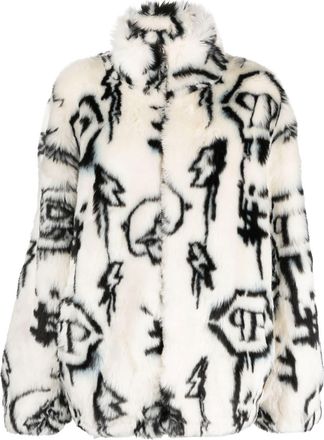 Philipp Plein monogram-print faux fur coat - women - Polyester/Acrylic/Elastane - XS/S - White