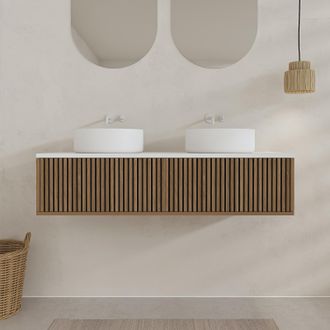 Aurlane Mueble De Ba&ntilde;o 120cm Acanalado Roble Y Negro - Encimera Y Lavabos Blancos