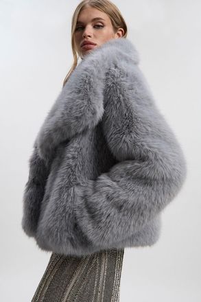 Karen Millen Womens Petite Textured Faux Fur Short Coat - Light Grey - Size 16 UK