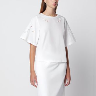 Max Mara T-shirt bianca in cotone con ricami &agrave; jour