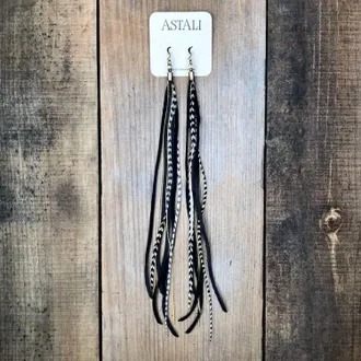 Astali Womens Leather, Feather Antique Brass Long Earring In Black/grizzly