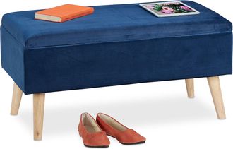 Relaxdays Relaxdays - Ba&uacute;l Almacenamiento, Terciopelo, 40 L, Acolchado, Patas Madera, Asiento Almacenaje, 41x80x40 Cm, Azul Oscuro