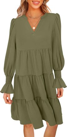 Merokeety Womens 2024 Long Sleeve Midi Dress V Neck Flowy Swing Ruffle Tiered Fall Casual Dresses, Olive, XL