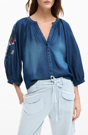 Desigual Embroidered Chambray Shirt in Dark Blue at Nordstrom, Size X-Small