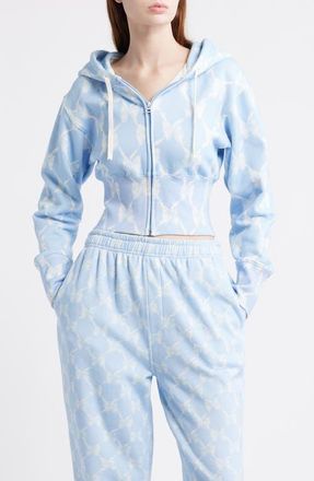 LoveShackFancy Arienne Ribbon Print Hoodie in Chilled Blue at Nordstrom, Size Xx-Large