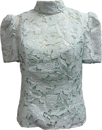 Zimmermann Natura High-Neck Lace Blouse in Mint Green Polyester