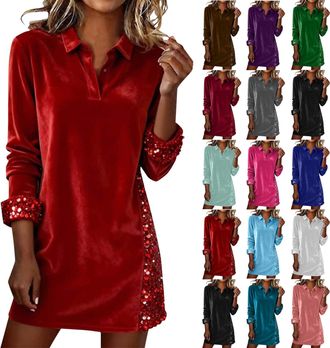 Generic Party Dresses for Women UK Long Sleeve Collared Velvet Dress with Sequin Sparkly Shirt Dresses Ladies Going Out Evning Outfits (Red,S,Size 10)