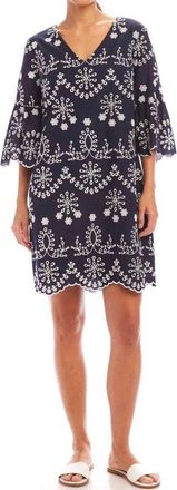 Karen Kane Flare Sleeve Embroidered Mini Dress In Navy With Off White