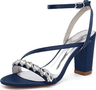 Generic Wedding Bridal Shoes Womens Heels Sandals Open Toe Fashion Chunky Heels Sandals Party Wedding Dress Shoe 8.5Cm,Dark Blue,10 UK