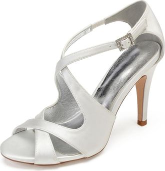 Generic High Heel Sandals Women Bridal Peep Toe Ankle Straps Stiletto Satin Evening Party Prom Wedding Bridal Shoes 10.5Cm,Ivory,6 UK