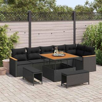 vidaXL Vidaxl - Conjunto De Sof&aacute; De Jard&iacute;n Con Coj&iacute;n 9 Pcs Negro Polirat&aacute;n