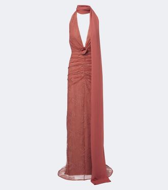 De La Vali Amora ruched scarf-detail lace maxi dress