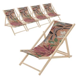 ECD Germany Ecd Germany 5x Sillas De Playa De Madera Con Dise&ntilde;o Floral Marr&oacute;n-rojo-verde Tumbona Plegable Con Respaldo Ajustable 3 Posiciones De Reclinaci&oacute;n Asien