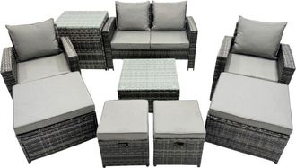 Fimous Fimous PE Rattan Garden Furniture Set Lounge Sofa Coffee Table Set with Side Table 4 Footstools Dark Grey Mixed