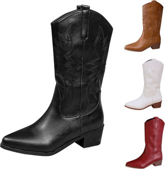 Generic Mid-Calf Cowboy Boots for Women Pointed Toe Chunky Low Heel Retro Tall Boots with Floral Embroidered Ladies Classic Comfort Pull On Design Western Foo