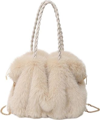 Generic Womens Plush Bags Womens Plush Large Capacity Tote Bag Pleated Shoulder Crossbody Commuter With Metal Chain(Beige)