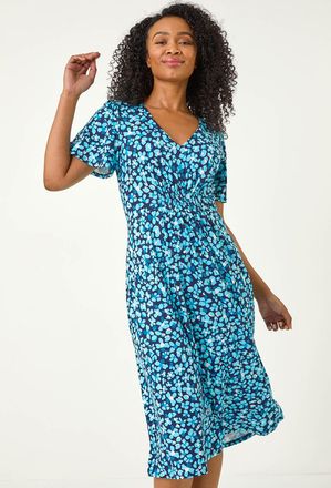 Roman Floral Print Shirred Stretch Dress