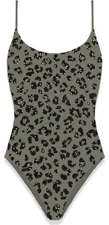 MC2 Saint Barth Cecille One Piece Zwempak met Ronde Hals en Bandjes - Dames - Badpakken - Groen - S - Katoen - Badmode