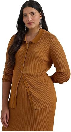 Lauren Ralph Lauren Plus-Size Rib-Knit Long-Sleeve Polo Cardigan Womens Sweater Cinnamon Bark : 1X, Nylon/Viscose