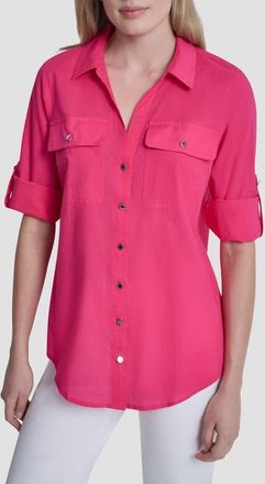 DKNY Short Sleeve Roll Tab Shirt in Hot Pink at Nordstrom, Size X-Small