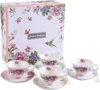 None London Boutique Set di 4 tazzine da caff&egrave; e piattino, in Porcellana, Stile Vintage, con Uccelli, Farfalle, Flora, Confezione Regalo (1 Set da 4)