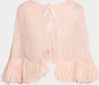 Carolyn Rowan Feather-Hem Beaded Silk Chiffon Cape