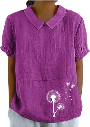 Generic Linen Shirts for Women UK Summer Lightweight Short Sleeve Tshirts Cute Collared Tops Boho Casual Blouses